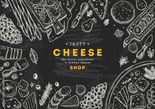 Cheese collection top view illustration. Antipasto table background. 