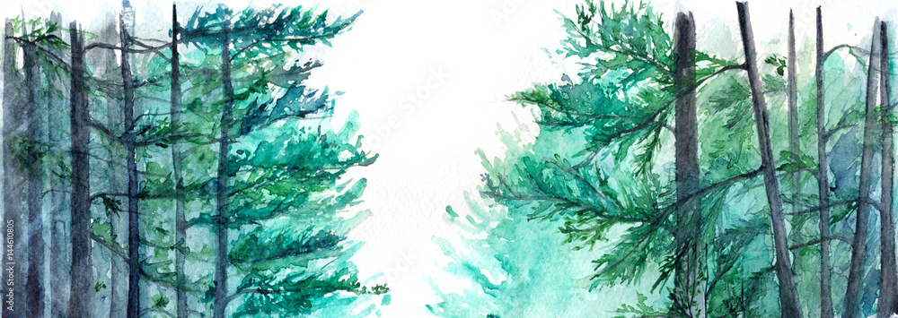Watercolor turquoise winter wood forest pine landscape