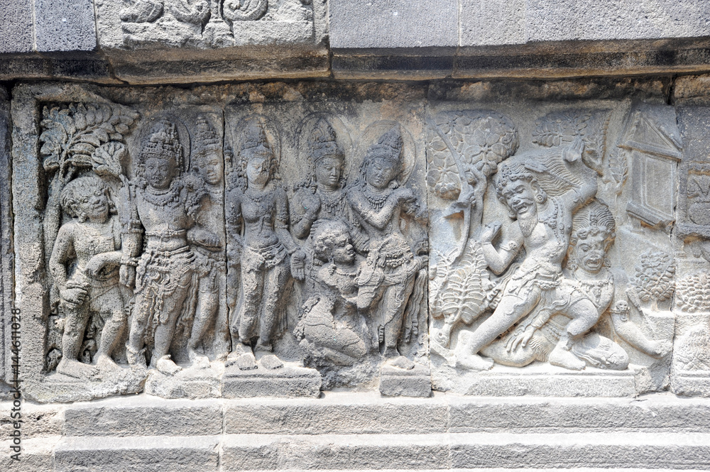 Artwork of Prambanan temple compound in Java on Indonesia