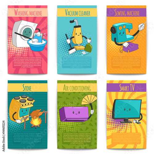 Six Colored Comic Posters With Household Appliances