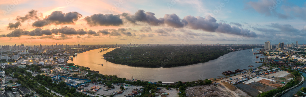 Chao phraya river Bangkok in Morning Aerial View