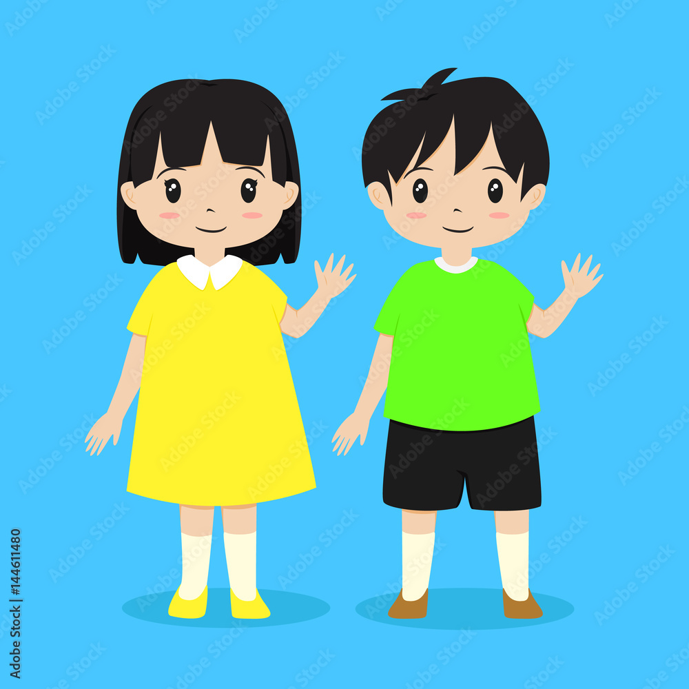 happy little boy and girl waving their hand vector illustration