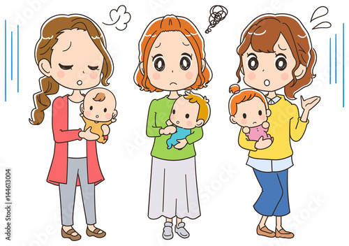 悩んでいるお母さんのイラスト（全身）