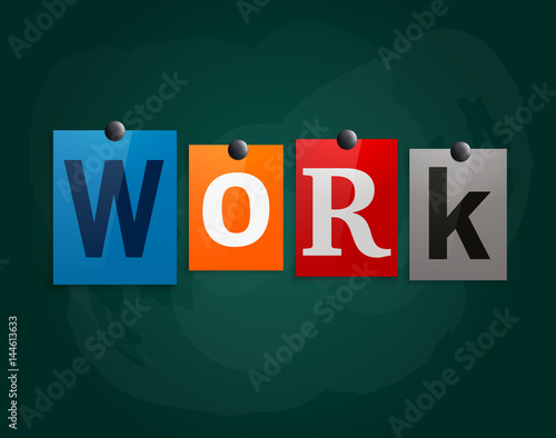 The word Work made from newspaper letters attached to a blackboard or noticeboard with magnets. Vector.