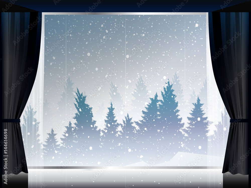 Fototapeta premium view of snowstorm and pine wood in room with large window