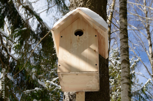 Wooden birdhouse for birds in a tree. Handmade Feeder for bird in winter forest. Caring for wild animals in difficult season.