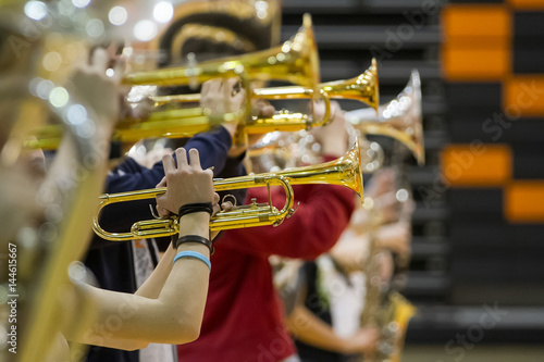 Photography the hands of a trumpet player in a row of brass