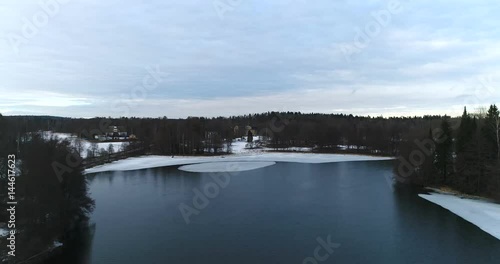 Mustio mansion, Cinema 4k aerial view of a flight towards mustion linna, on a cold winter day, in Svarta, Finland photo