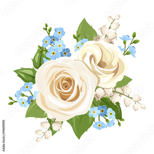 Vector vintage white and blue roses, lisianthuses, lily of the valley and forget-me-not flowers isolated on a white background.