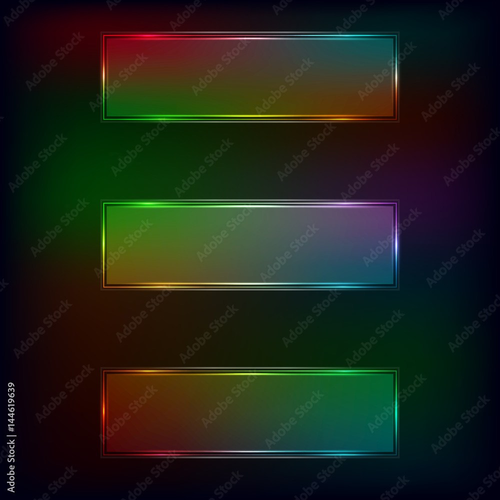 Three multicolored neon banners. Glass frame with the effect of neon. Vector illumination. EPS 10.