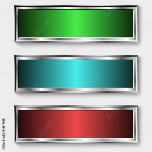 Metal banners. A set of three metal banners - green, blue, red. Glow effect. A thin network is applied to the surface. Vector illumination. EPS 10.
