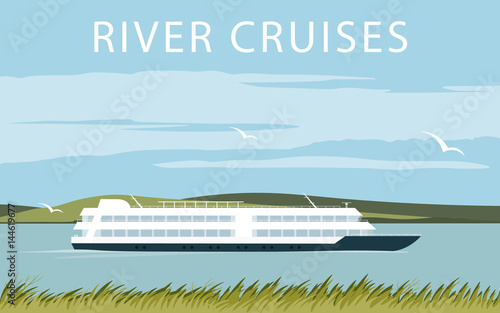 River cruise ship. Recreational waterway travel. Illustration in flat design. Summer trip background