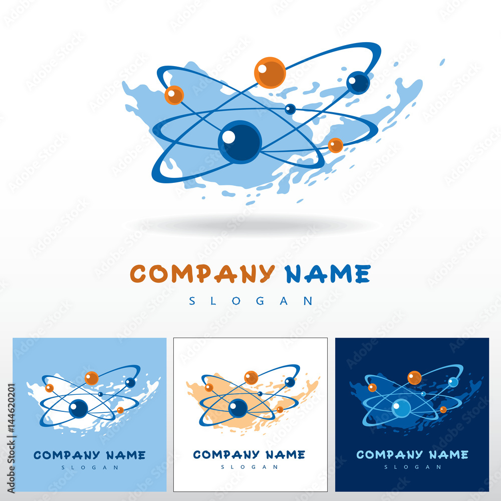 Atom, electron - abstract vector icon, template for logo design. Graphic computer illustration in blue and orange colors on cloud, spot.