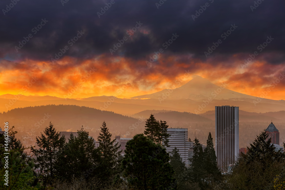 Sunsrise over City of Portland and Mount Hood