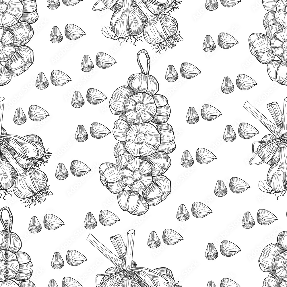 Vector hand drawn seamless pattern of garlic. Stylized black and white sketch of a bundle of garlic groves tied with ribbon Vector hand drawn seamless pattern of garlic. Stylized black and white sketch of a bundle of garlic groves tied with ribbon