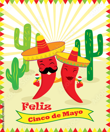 Poster for Cinco de Mayo with two chilli peppers, guitar, sombrero and cacti