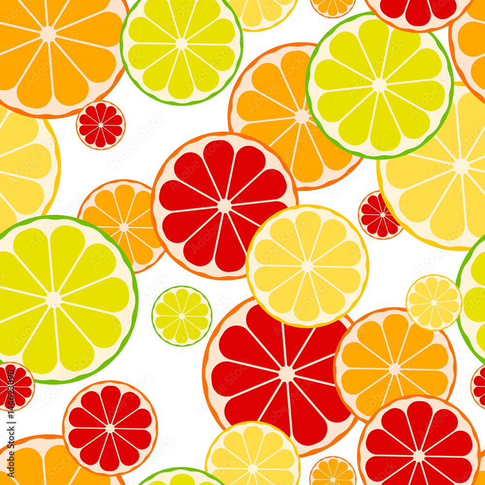 seamless background, citrus fruits: lemon, lime, tangerine, orange, grapefruit.