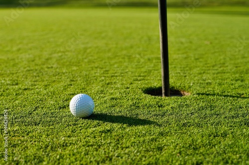 Golf ball on the green grass near to pitch.