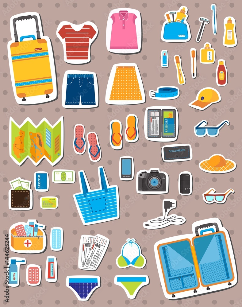 suitcase with tourist stuff, stickers with big suitcase set, travel stickers, pack suitcase stickers, necessary items for traveling, how to pack your suitcase stickers, travel pack collection