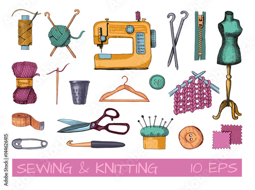 Sketches of tools and materials for sewing and knitting