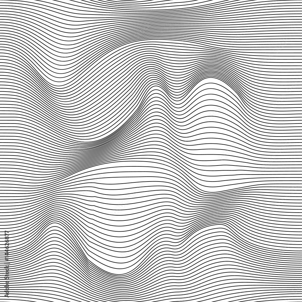 Abstract vector seamless moire pattern with waving curling lines. Monochrome  graphic black and white ornament. Striped repeating texture. - obrazy, fototapety, plakaty 