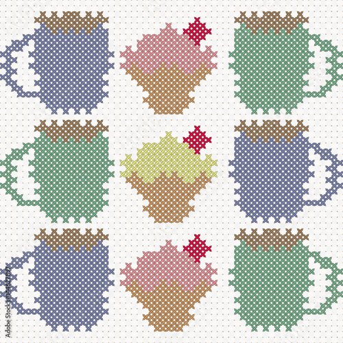 Cupcake and cup of coffee, imitation of cross-stitch. Vector illustration
