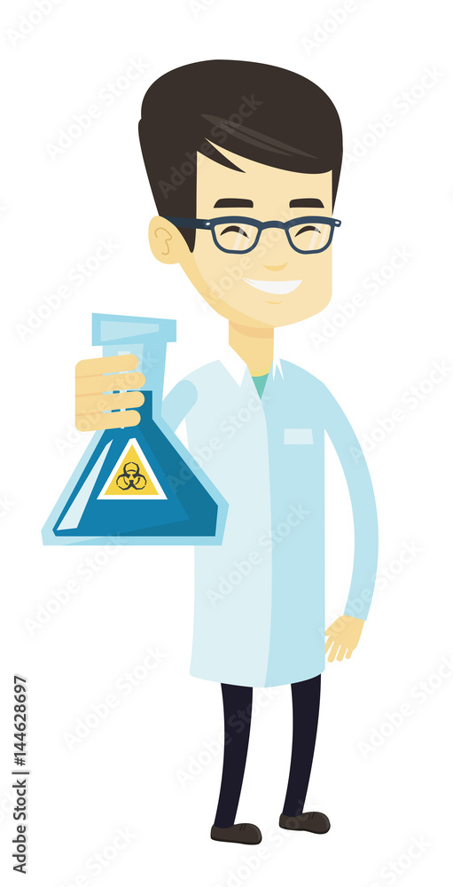 Scientist holding flask with biohazard sign. Scientist holding flask with biohazard sign.