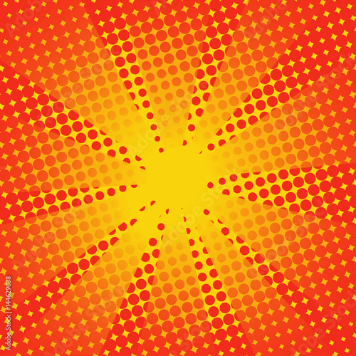 Retro rays comic yellow orange background. Gradient halftone pop art style