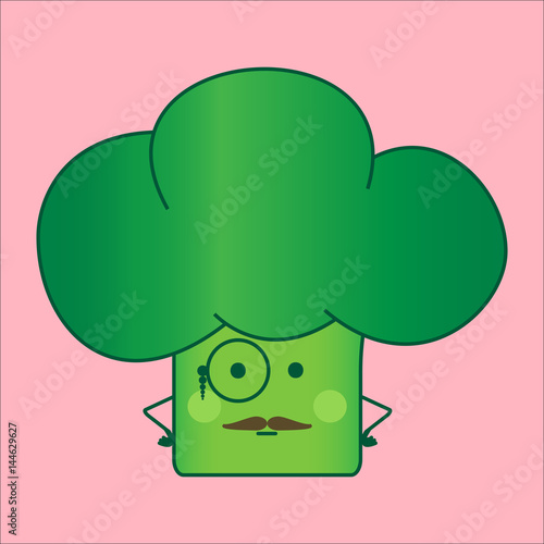 Illustration funny and healthy broccoli (Brassica oleracea). Pink background. Official broccoli with eyeglasses