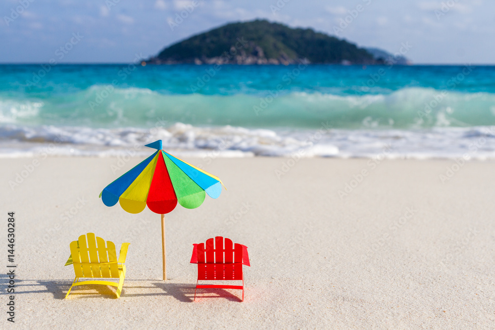 Two chairs and umbrella on tropical beach Similan Islands Thailand. Paper, handmade. Two chairs and umbrella on tropical beach Similan Islands Thailand. Paper, handmade.