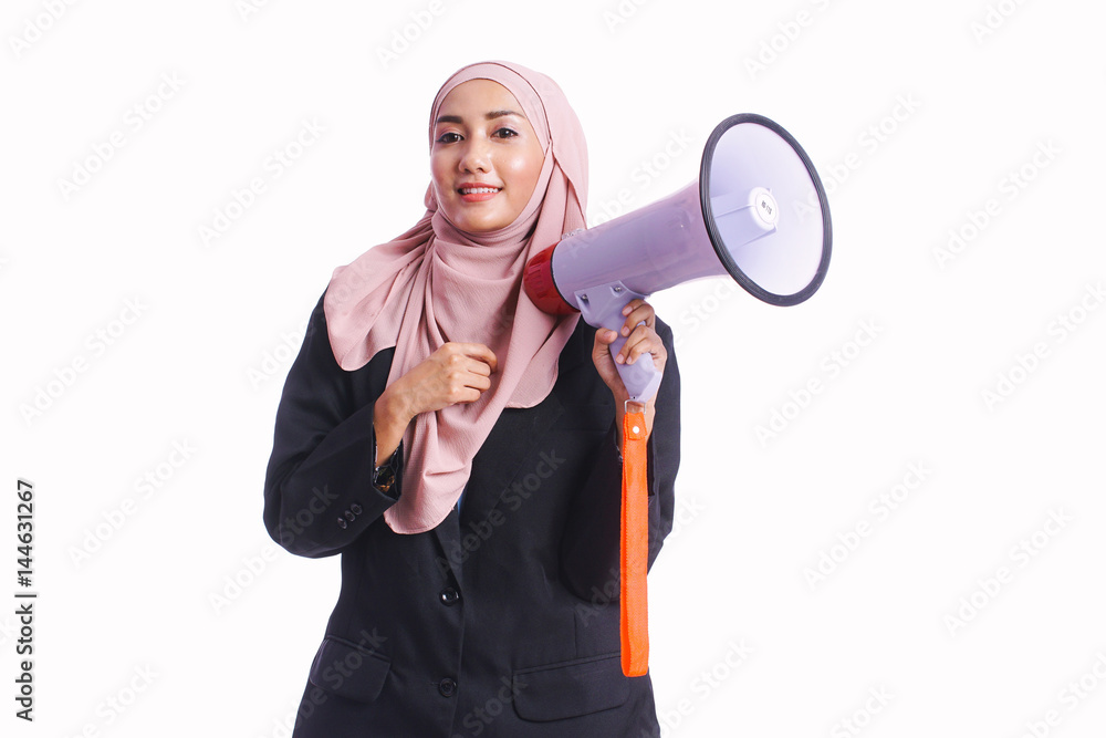 Beautiful business woman wear office coat hold megaphone isolated on white background -business, finance and sale concept