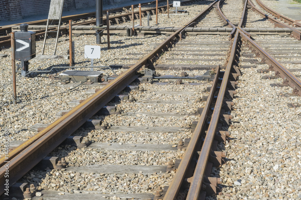 A detail of the mechanism of the old mechanical railroad switch with the tapered rails on the old rail track in the Netherlands .