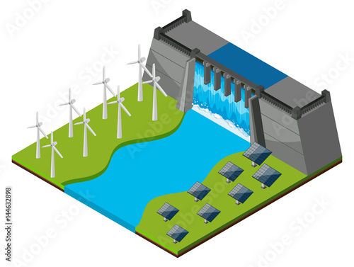 Dam with watergate and wind turbines