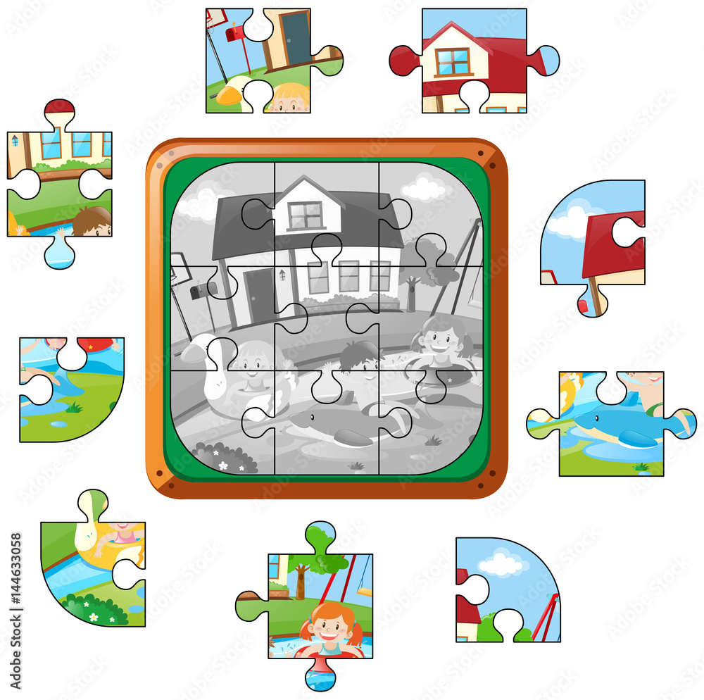 Fototapeta premium Jigsaw puzzle game with kids in pool