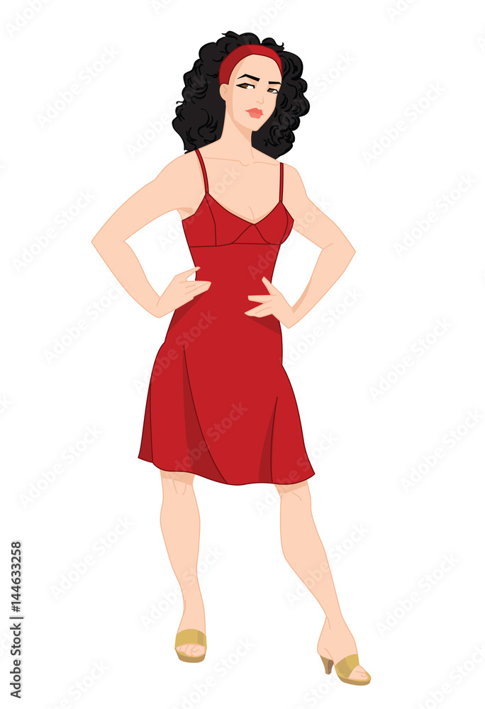 Vector illustration of young woman with curly hair in red dress on white background Vector illustration of young woman with curly hair in red dress on white background