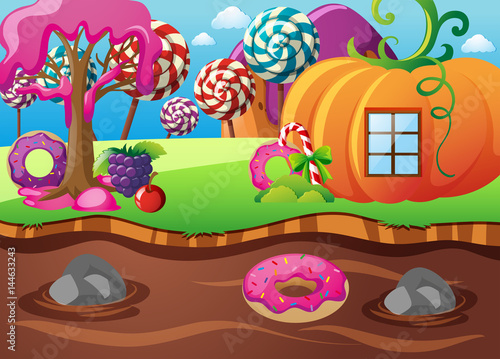Scene with pumpkin house and chocolate river