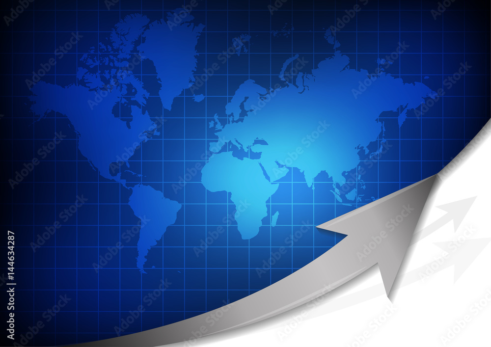 Vector : World map with arrow on blue grid background Vector : World map with arrow on blue grid background
