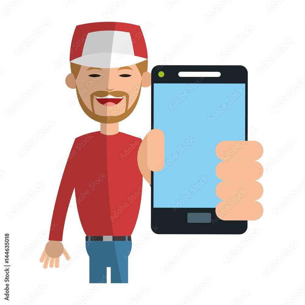 man holding a smartphone icon over white background. colorful design. vector illustration