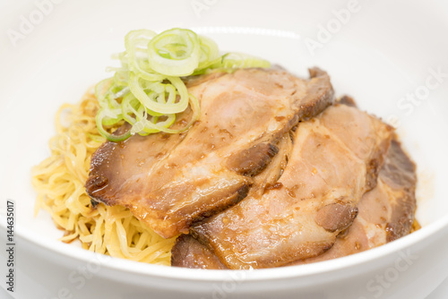 noodle with sweet pork on white background