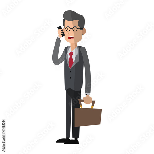 businessman using a smartphone, cartoon icon over white background. colorful design. vector illustration
