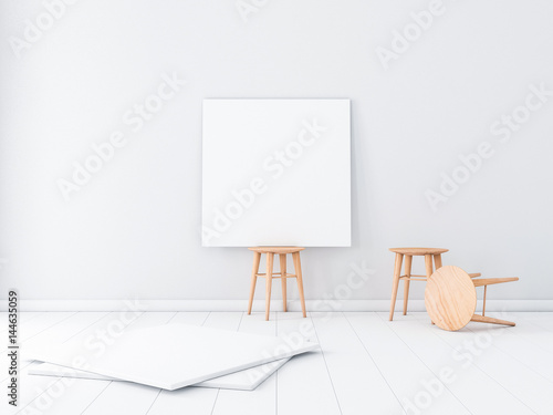 Fototapeta Naklejka Na Ścianę i Meble -  Square blank Poster Canvas Mockup on wooden Chair in white empty room, 3d rendering