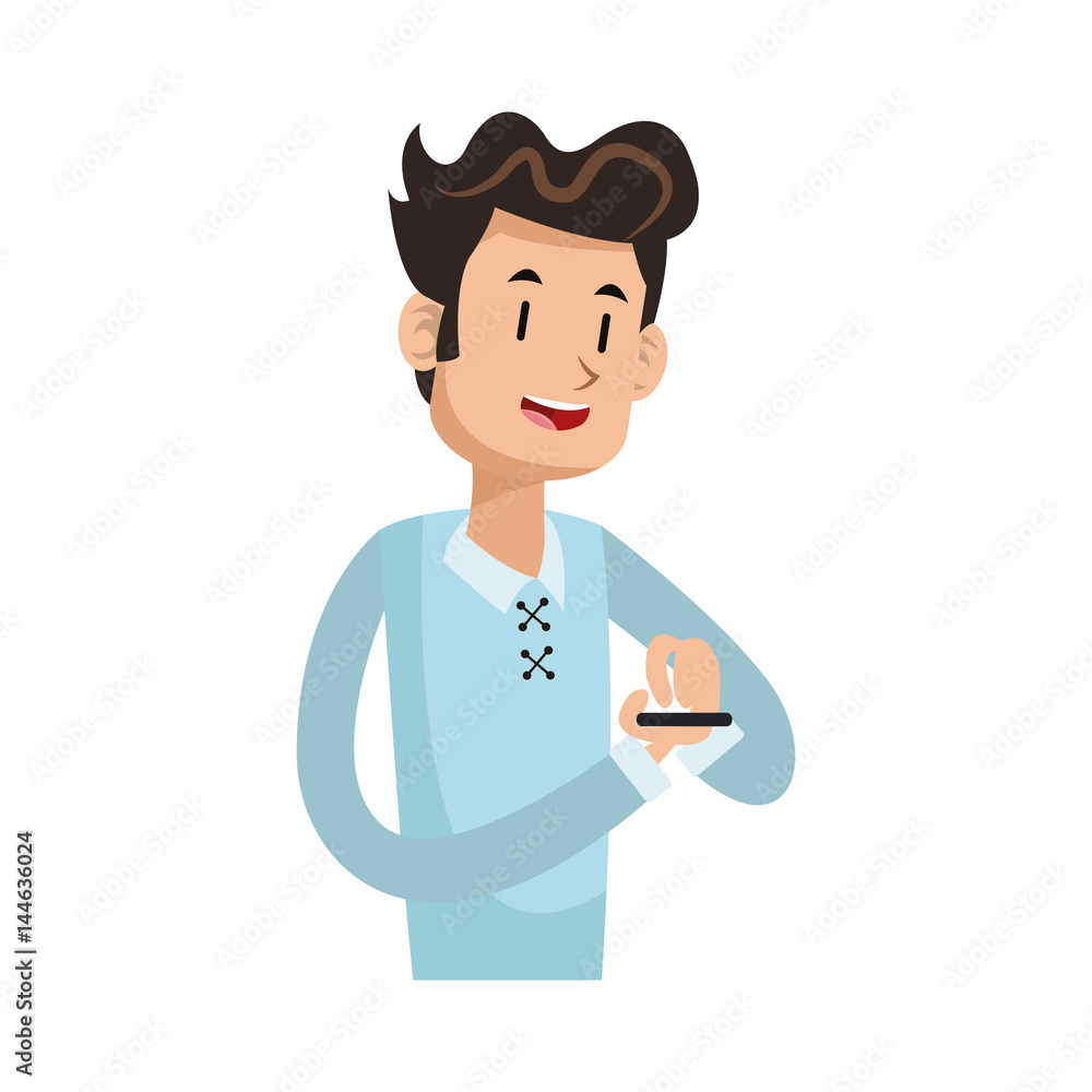 man using a smartphone, cartoon icon over white background. colorful design. vector illustration