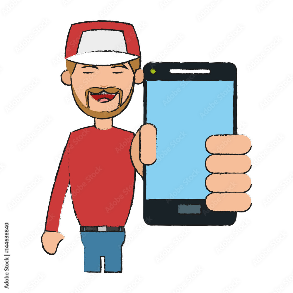 man holding a smartphone cartoon icon over white background. vector illustration