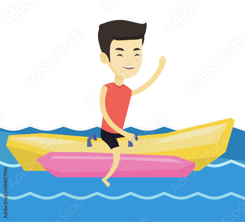 Tourists riding a banana boat vector illustration.