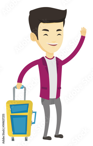 Young man hitchhiking vector illustration.