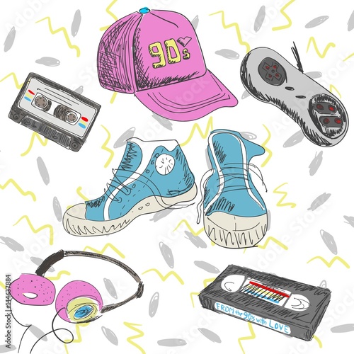 Vector illustration - elements of the 90s. Cassettes, sneakers, joystick, cap, headphones. Back to the 90th. From with love, memphis style