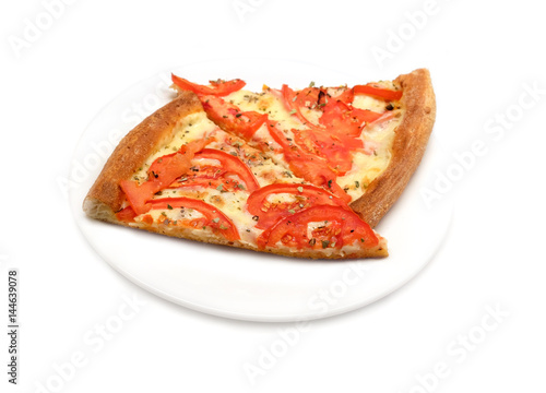 Two big appetizing pizza pieces on a plate isolated on white background closeup
