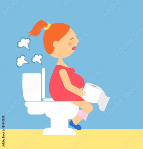 Cartoon illustration of a pregnant woman produces gases sitting on the toilet. series pregnancy