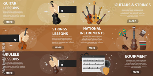 Vector set of flat banners of music shop for websites. Concept of guitar lessons and musical instruments market. Collection of musical strings instruments in flat design.