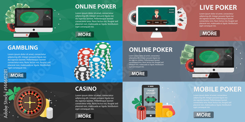 Vector collection of casino banners for decoration and websites. Concept of poker online, slot machines and gambling. Set of casino equipment and elements in flat design.